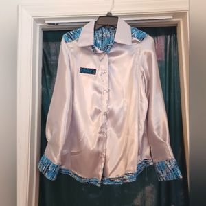 Womans custom Silver and Blue Long Sleeve button up, western.